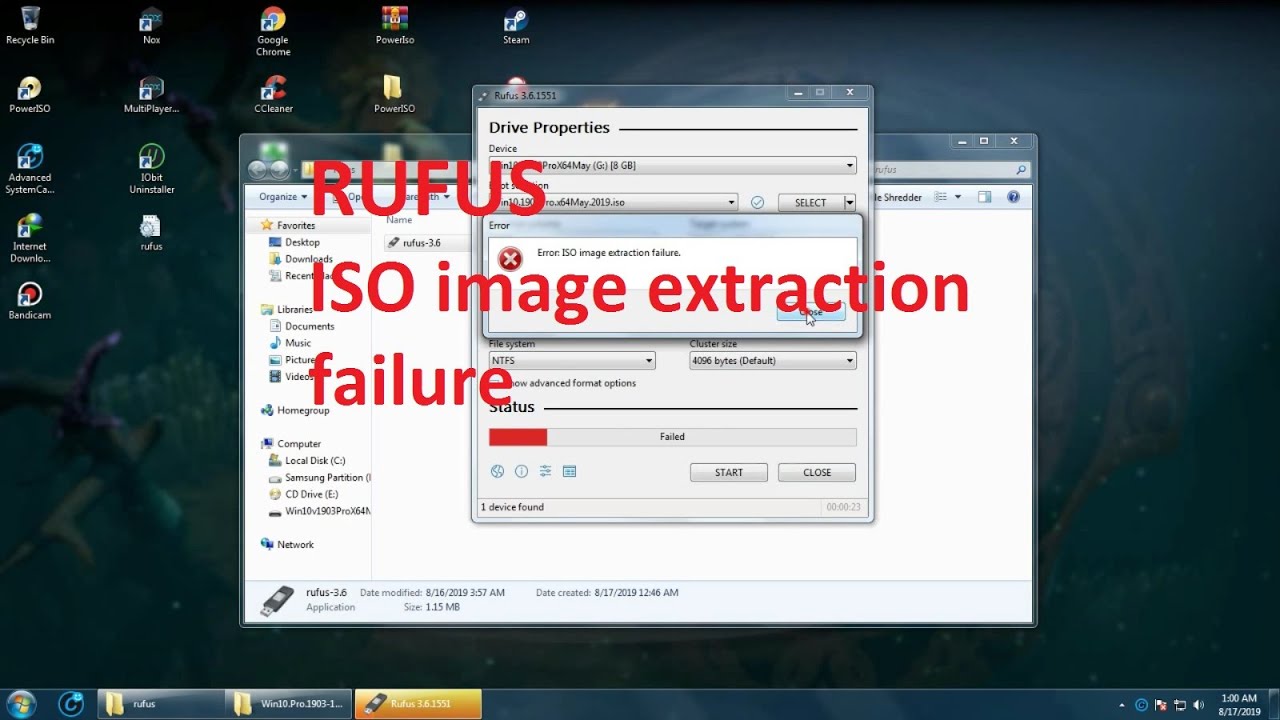 Rufus iso image extraction failure windows to go